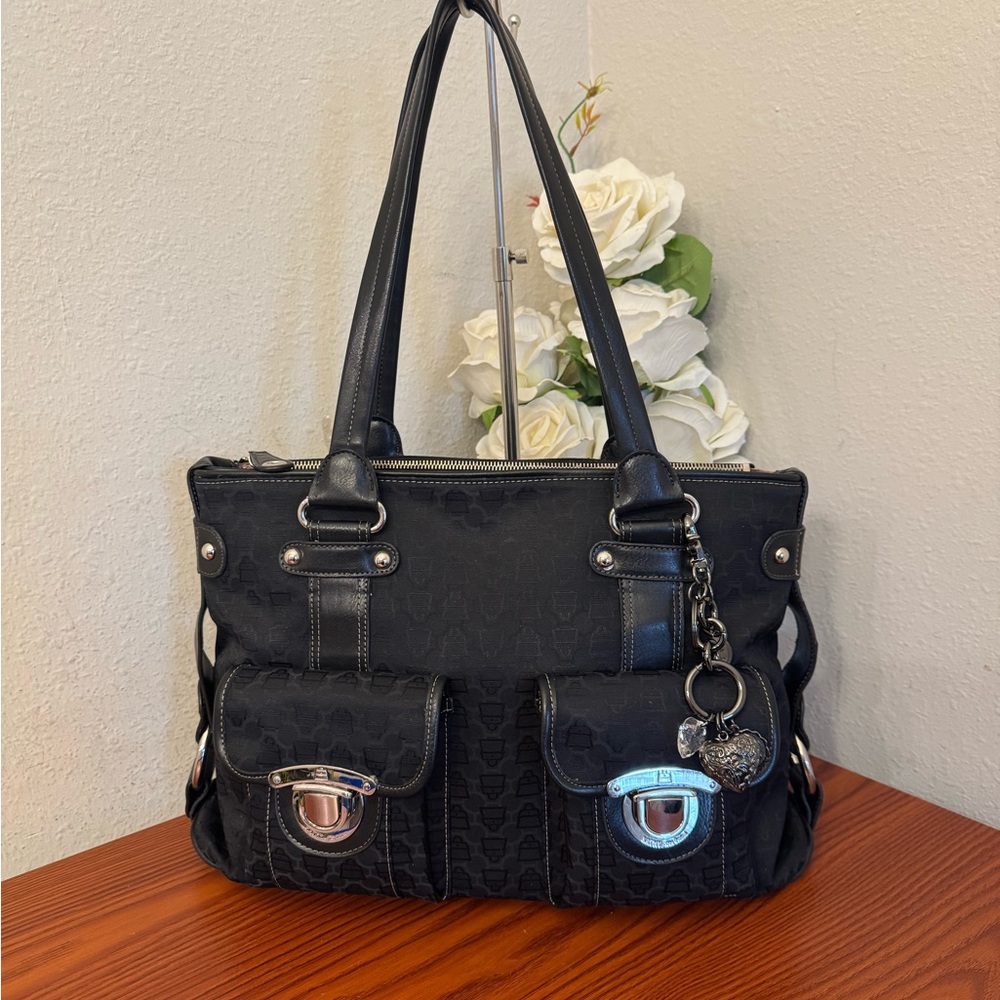Vintage Kathy Van Zeeland Black Shoulder Tote with Front Pockets and Charm